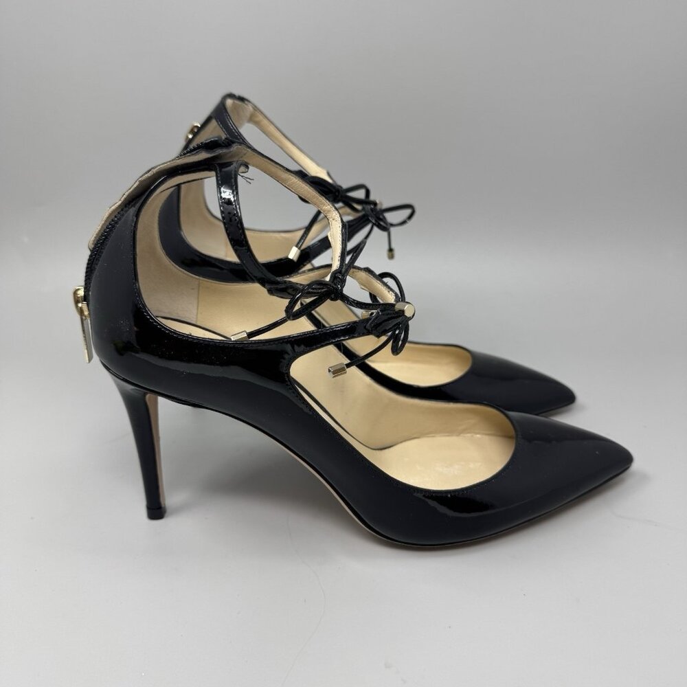 Jimmy Choo Vintage Black Sage 85 Bow Pump Pointed Toe Leather Sz EU 38 US 7